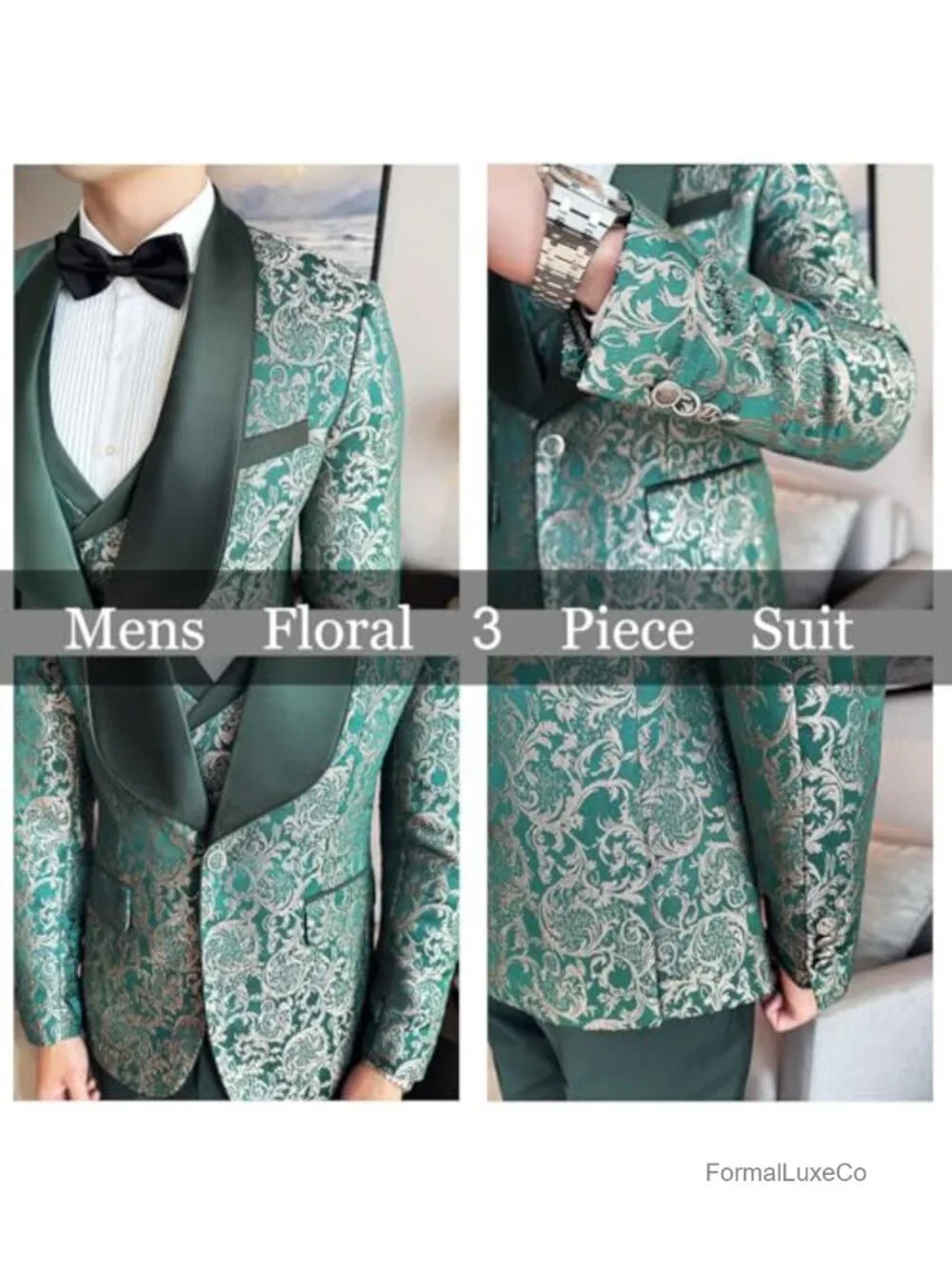 Men's 3 Piece Slim Fit Floral Print Suit Set with Vest and Pants